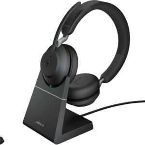 Jabra Evolve2 65 Wireless PC Headset with Charging Stand – Noise Cancelling Microsoft Teams Certified Stereo Headphones With Long-Lasting Battery – USB-C Bluetooth Adapter – Black