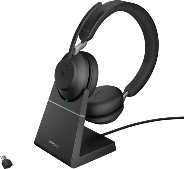 Jabra Evolve2 65 Wireless PC Headset with Charging Stand – Noise Cancelling Microsoft Teams Certified Stereo Headphones With Long-Lasting Battery – USB-C Bluetooth Adapter – Black