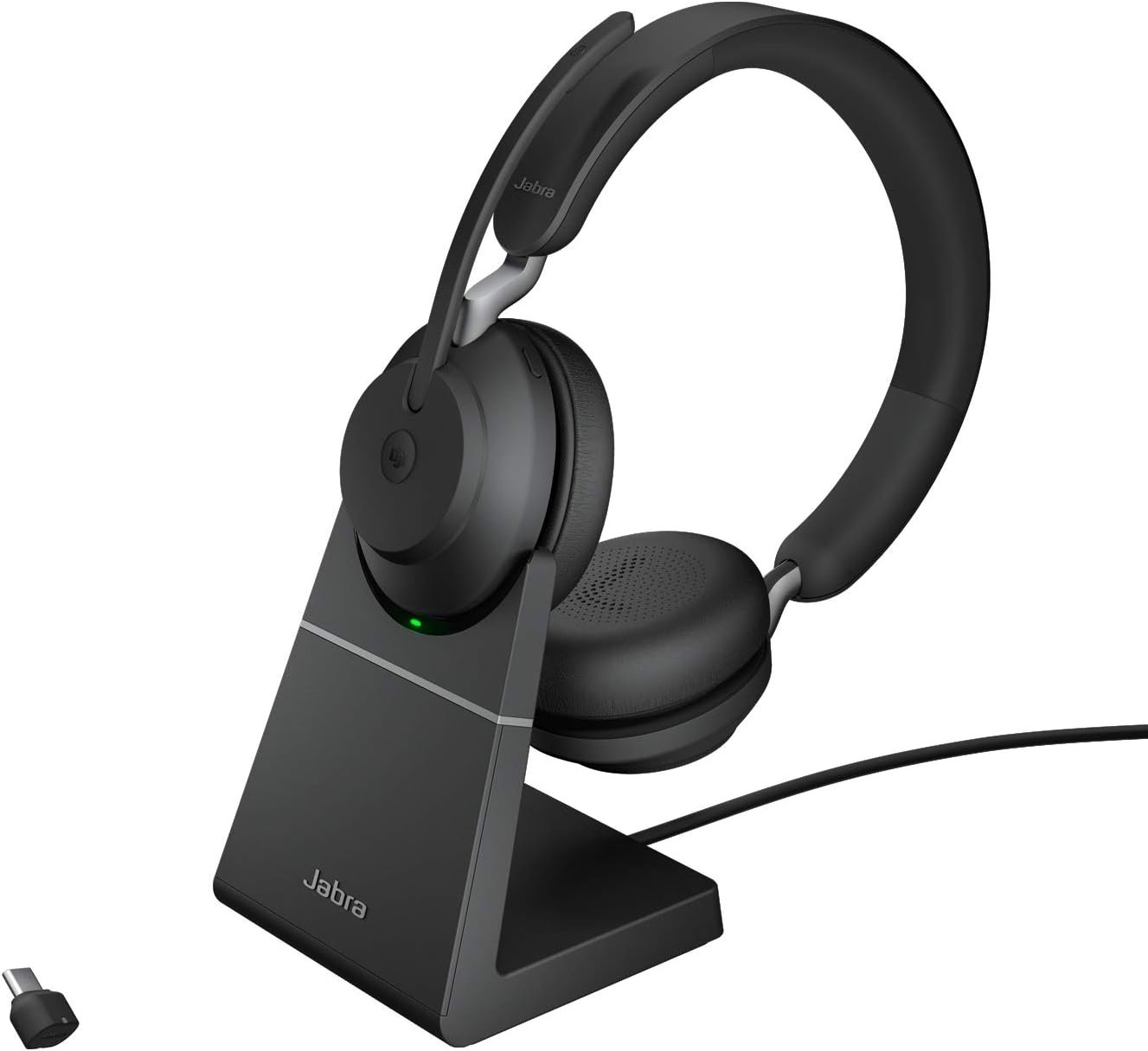 Jabra Evolve2 65 Wireless PC Headset with Charging Stand – Noise Cancelling Microsoft Teams Certified Stereo Headphones With Long-Lasting Battery – USB-C Bluetooth Adapter – Black